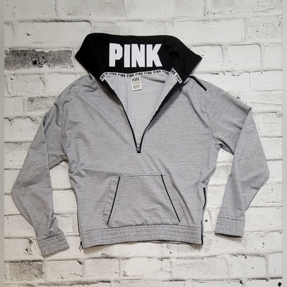 VS PINK Half Zip Hoodie Gray Black Logo Pullover Kangaroo Pocket XS - Picture 4 of 7